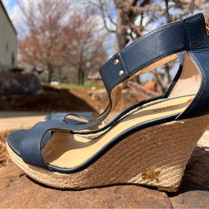 Michael Kors Navy Leather Wedge Sandals Size 9 1/2.